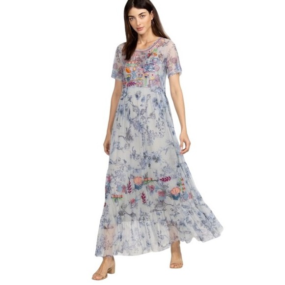 Johnny Was Logan Embroidered Mesh Tiered Maxi Dress Boho Floral Blue Large